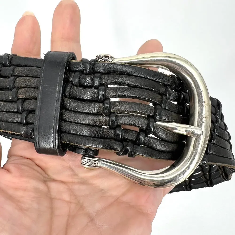 Vintage Brighton Black Leather Woven Belt Silver Buckle Size XL 36